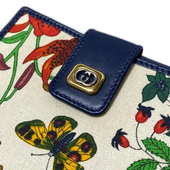 GUCCI Old Gucci/Flora - Cream Navy Multi Canvas Leather Double-hook Wallet - Picture 6 of 7